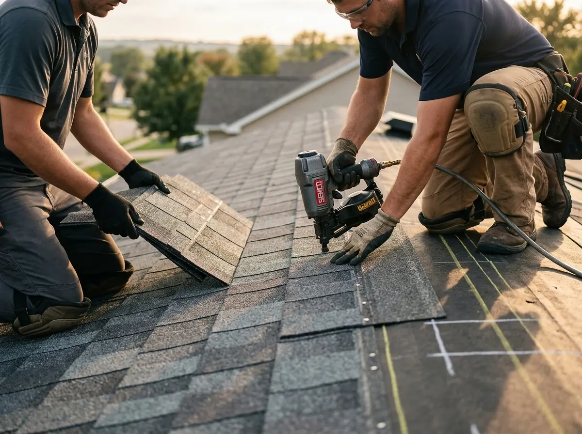 Professional roofer working on a residential roof in Dumas